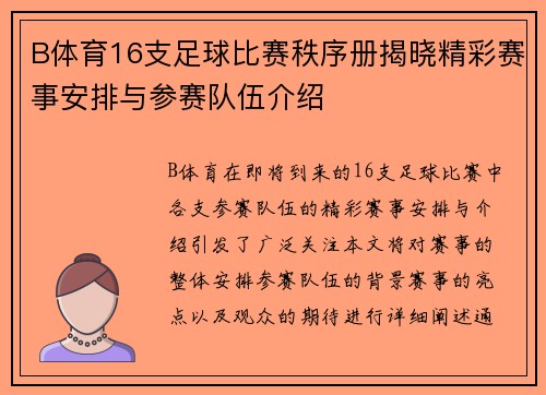 B体育16支足球比赛秩序册揭晓精彩赛事安排与参赛队伍介绍