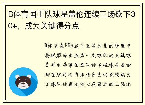 B体育国王队球星盖伦连续三场砍下30+，成为关键得分点