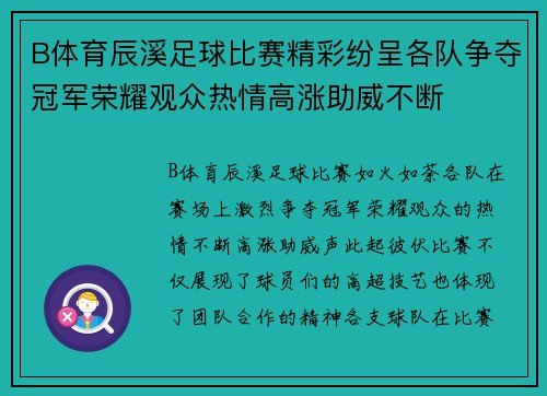 B体育辰溪足球比赛精彩纷呈各队争夺冠军荣耀观众热情高涨助威不断
